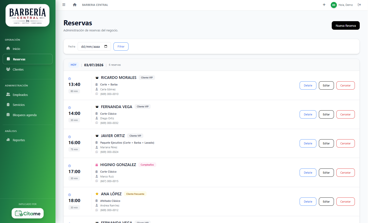 Dashboard de CitaMe